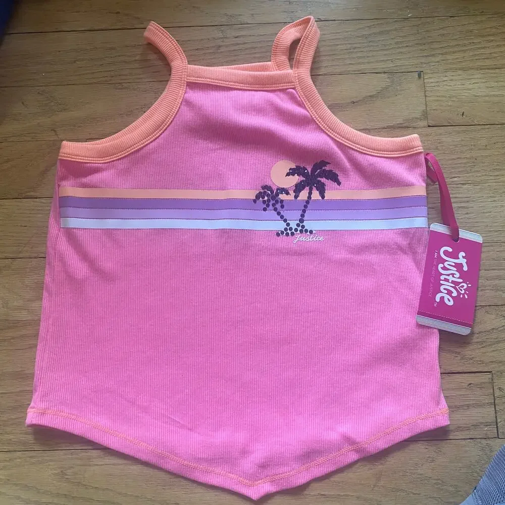 NWT Justice Girl's Cotton Blend Palm Tree Embellished Bandana Tank Top (S 7/8)